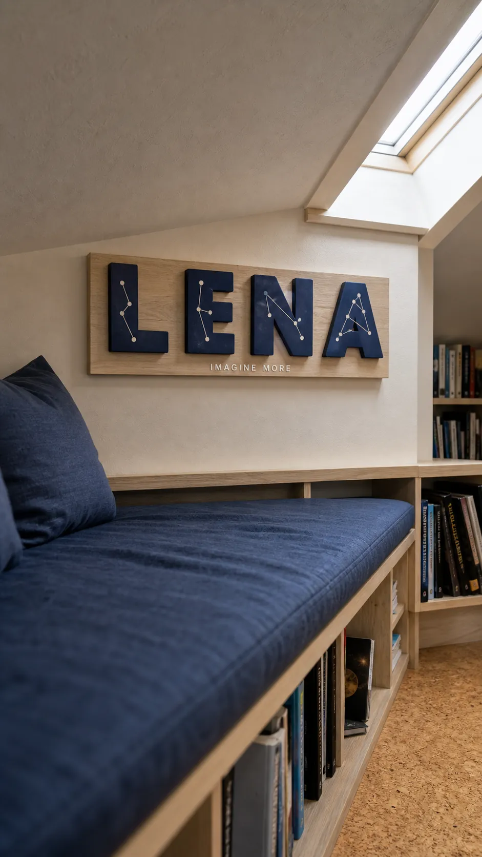 Constellation-inspired letters spelling a child's name on a navy sign
