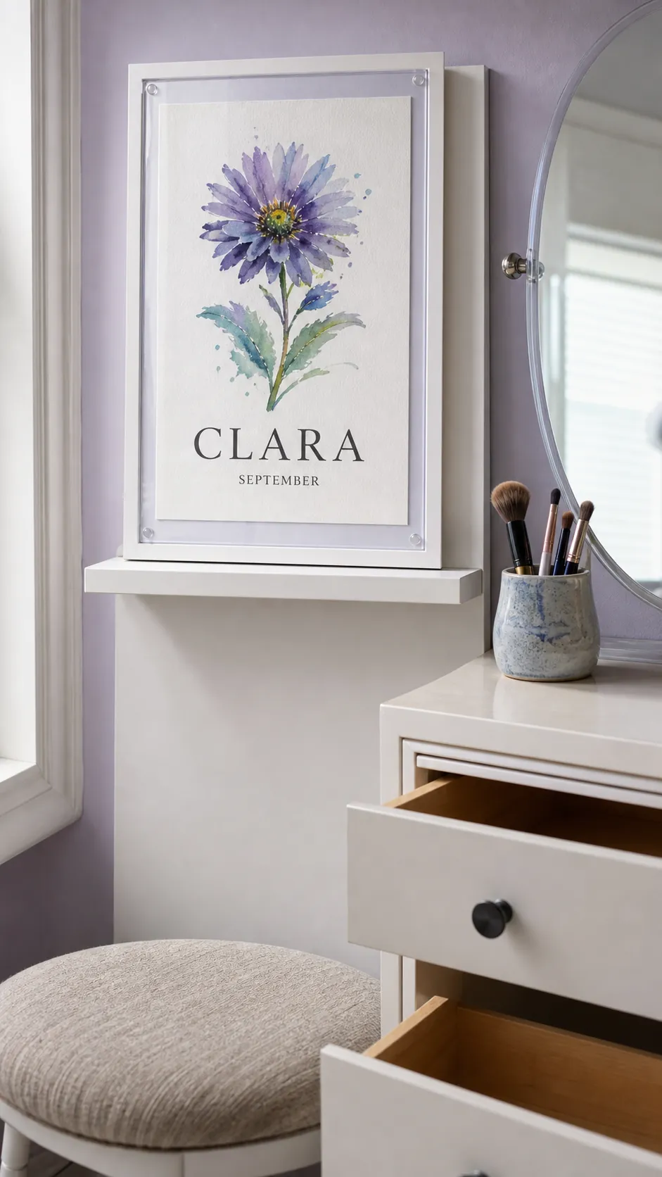 Watercolor birth flower print personalized with a child's name