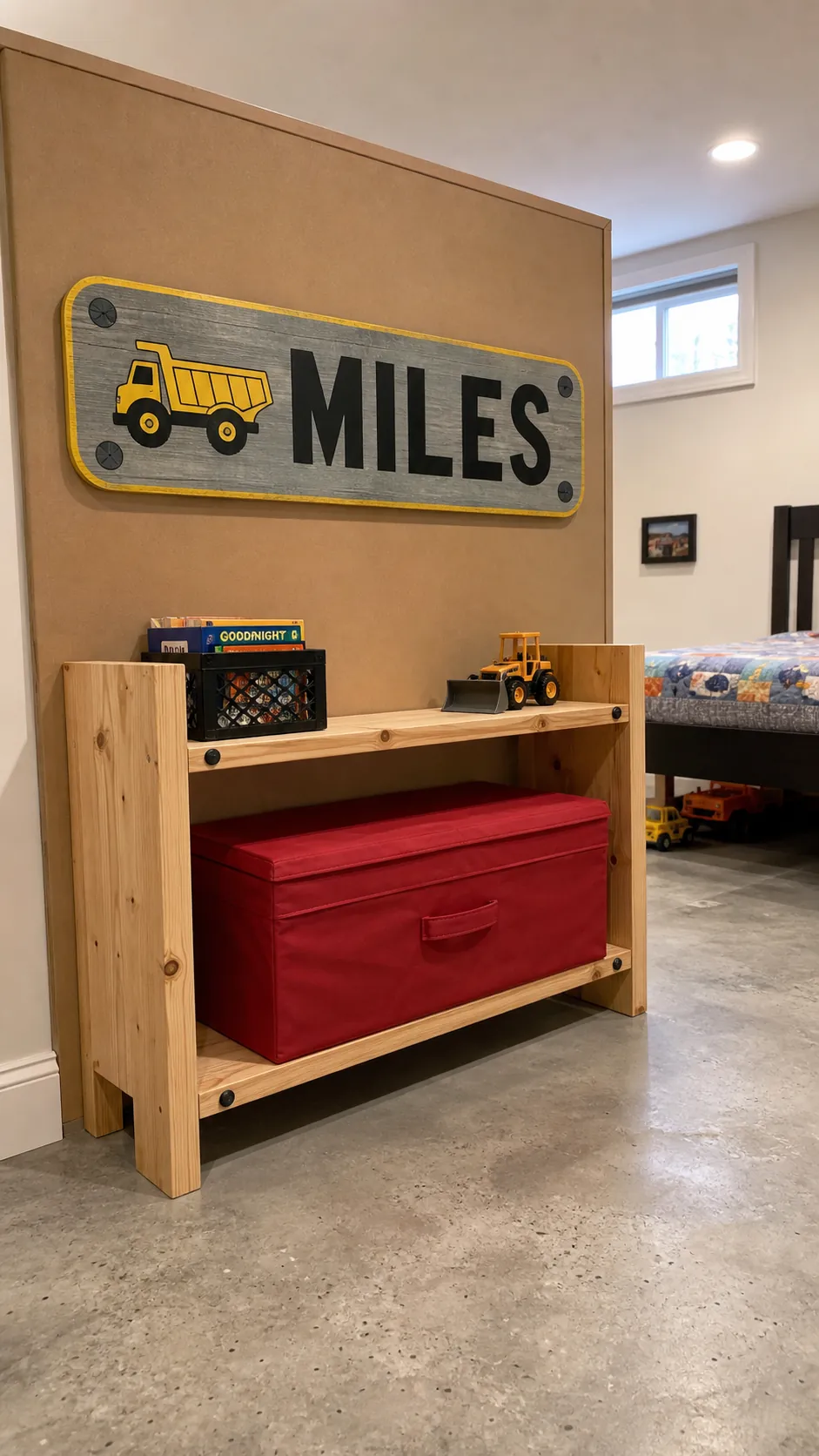 Construction themed plank name sign with painted vehicle detail