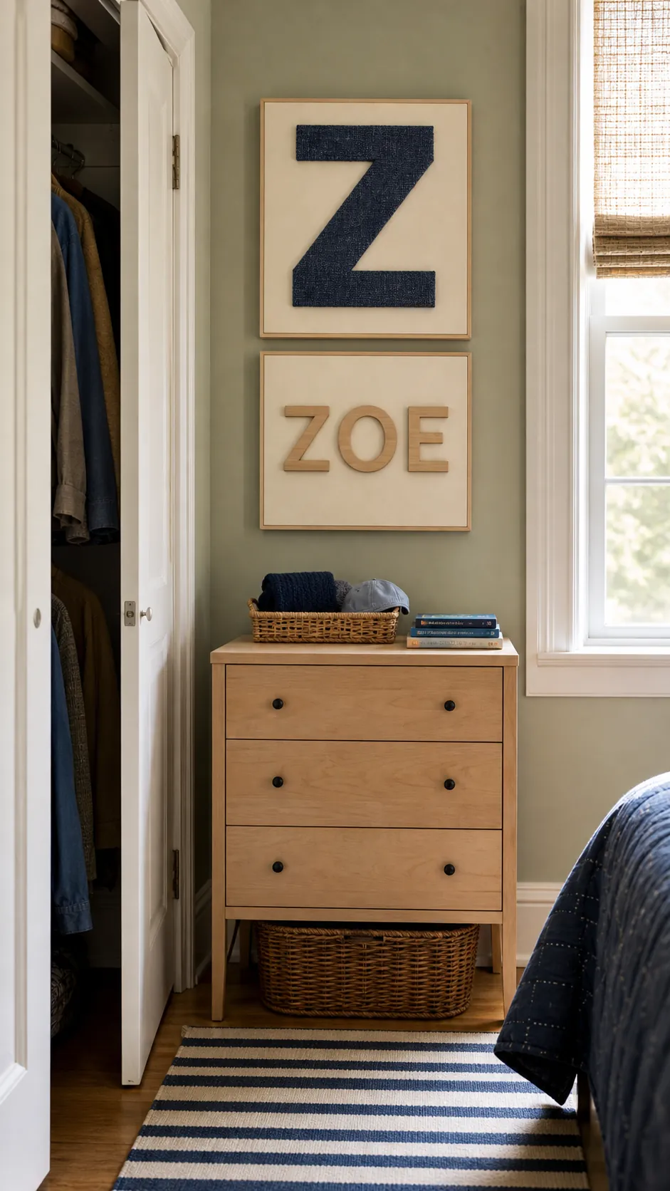 Two-piece monogram and name art set in a personalized kids room