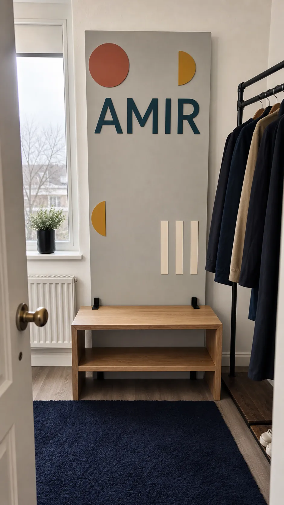 Removable name decal applied to a portable renter-friendly room panel