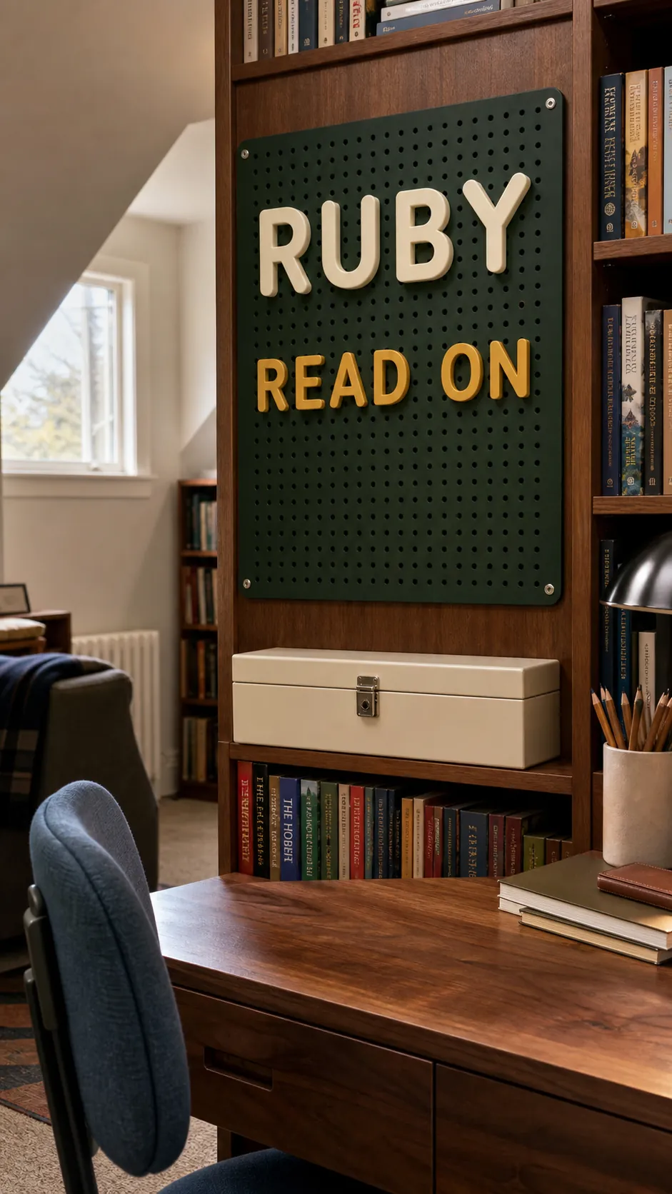 Changeable peg letter board spelling a child's name securely