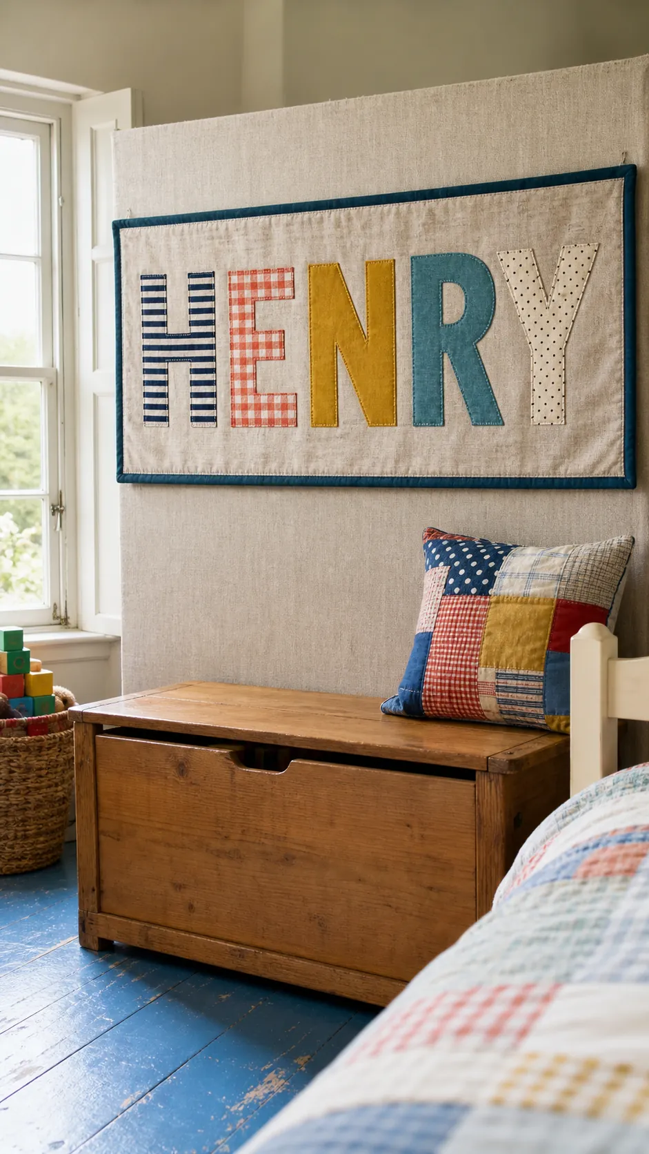 Stitched appliqué fabric name banner in a cozy children's bedroom