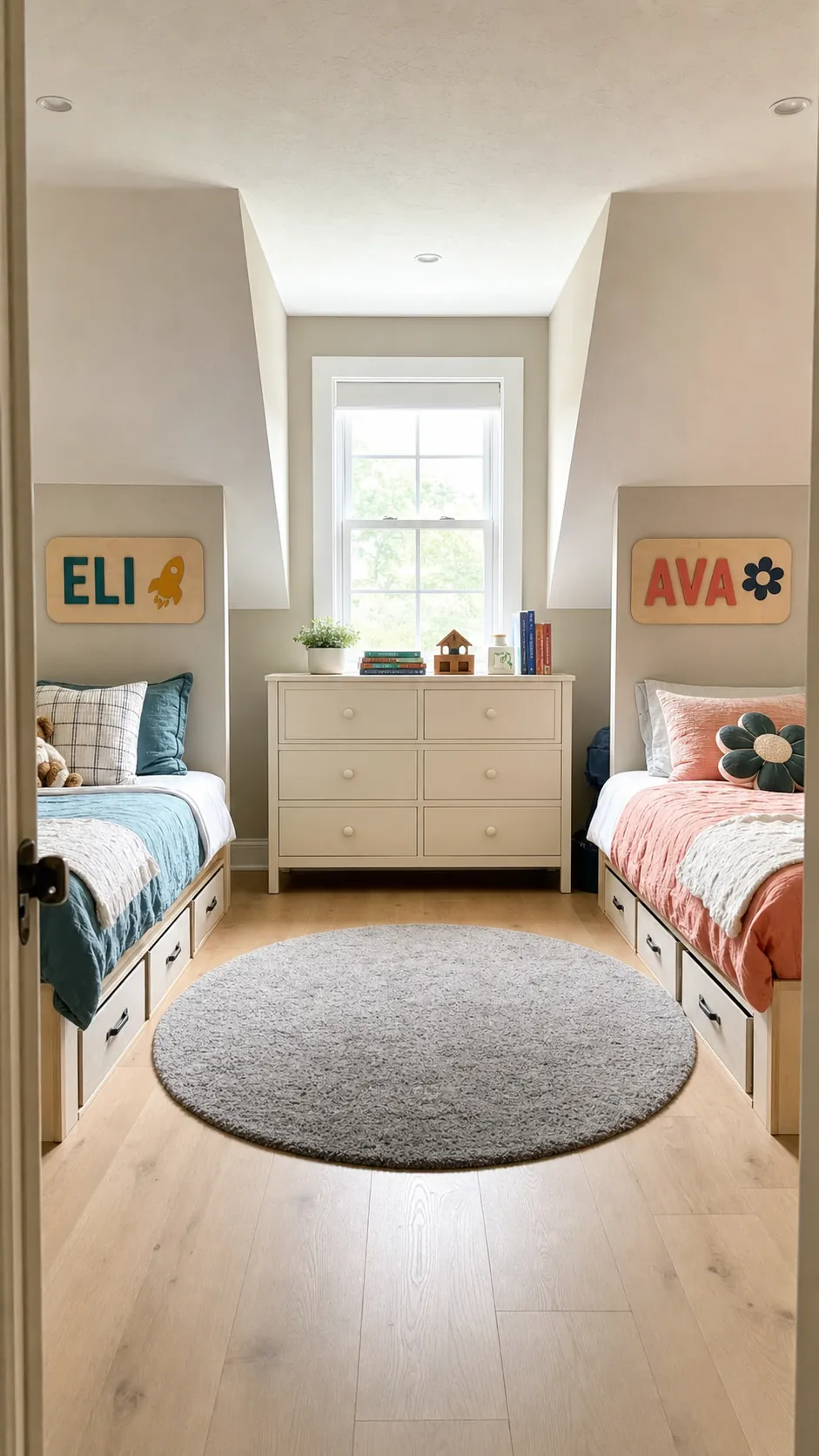 Coordinated sibling name signs giving each child an equal bedroom zone