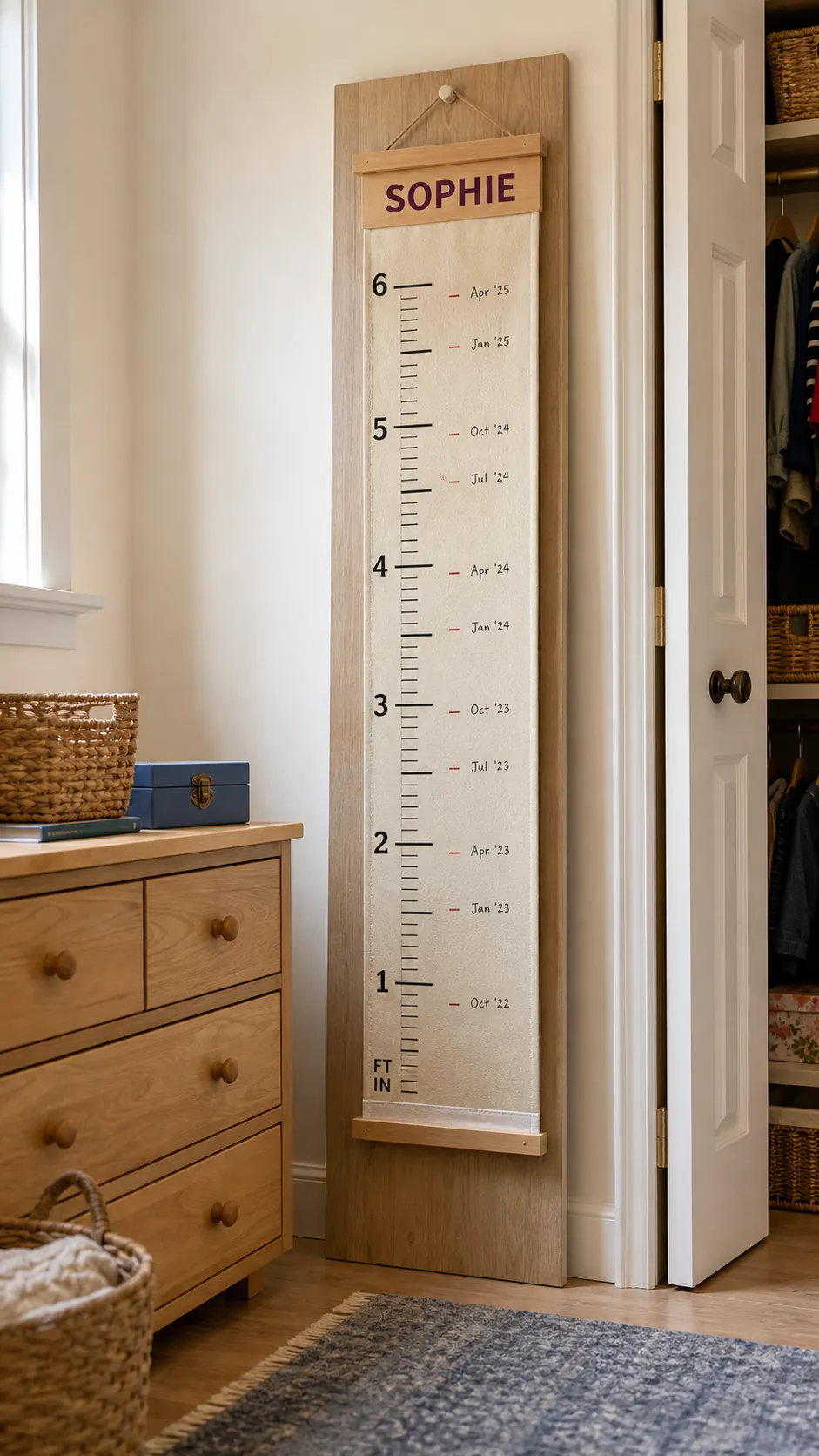 Portable name sign and growth chart preserving childhood height milestones