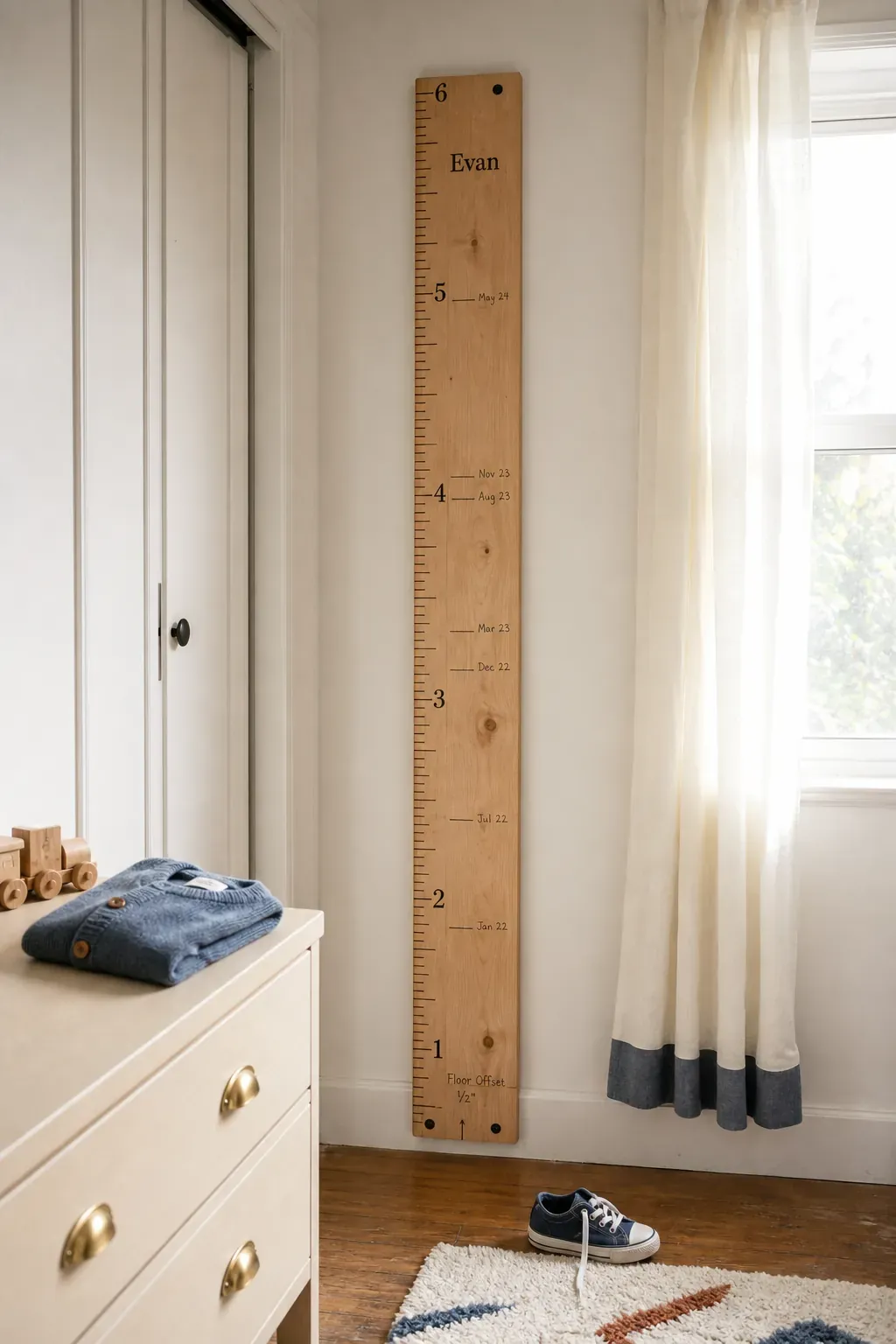 Personalized wooden ruler growth chart in a bright kids room