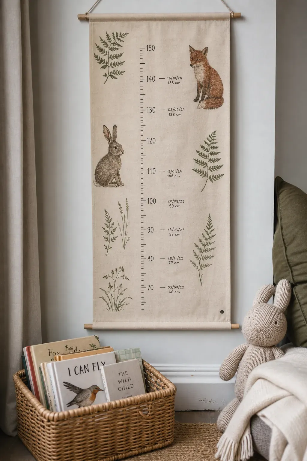 Canvas woodland animal nursery growth chart beside a book basket