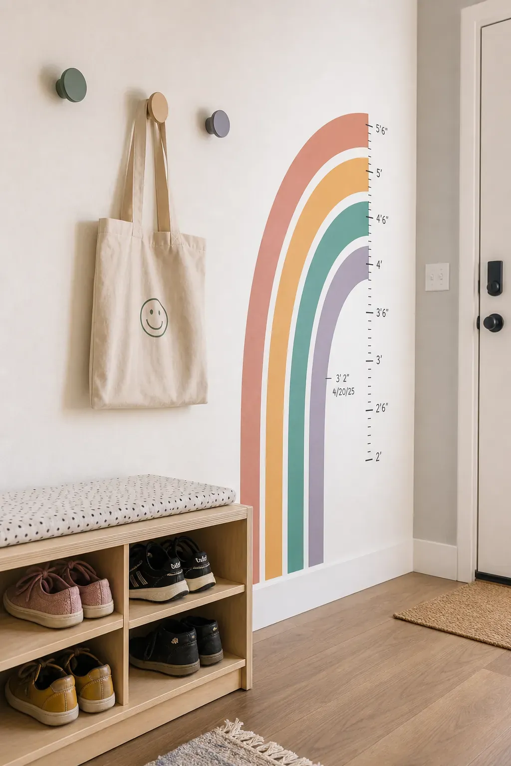 Removable rainbow growth chart decal on a renter-friendly kids room wall