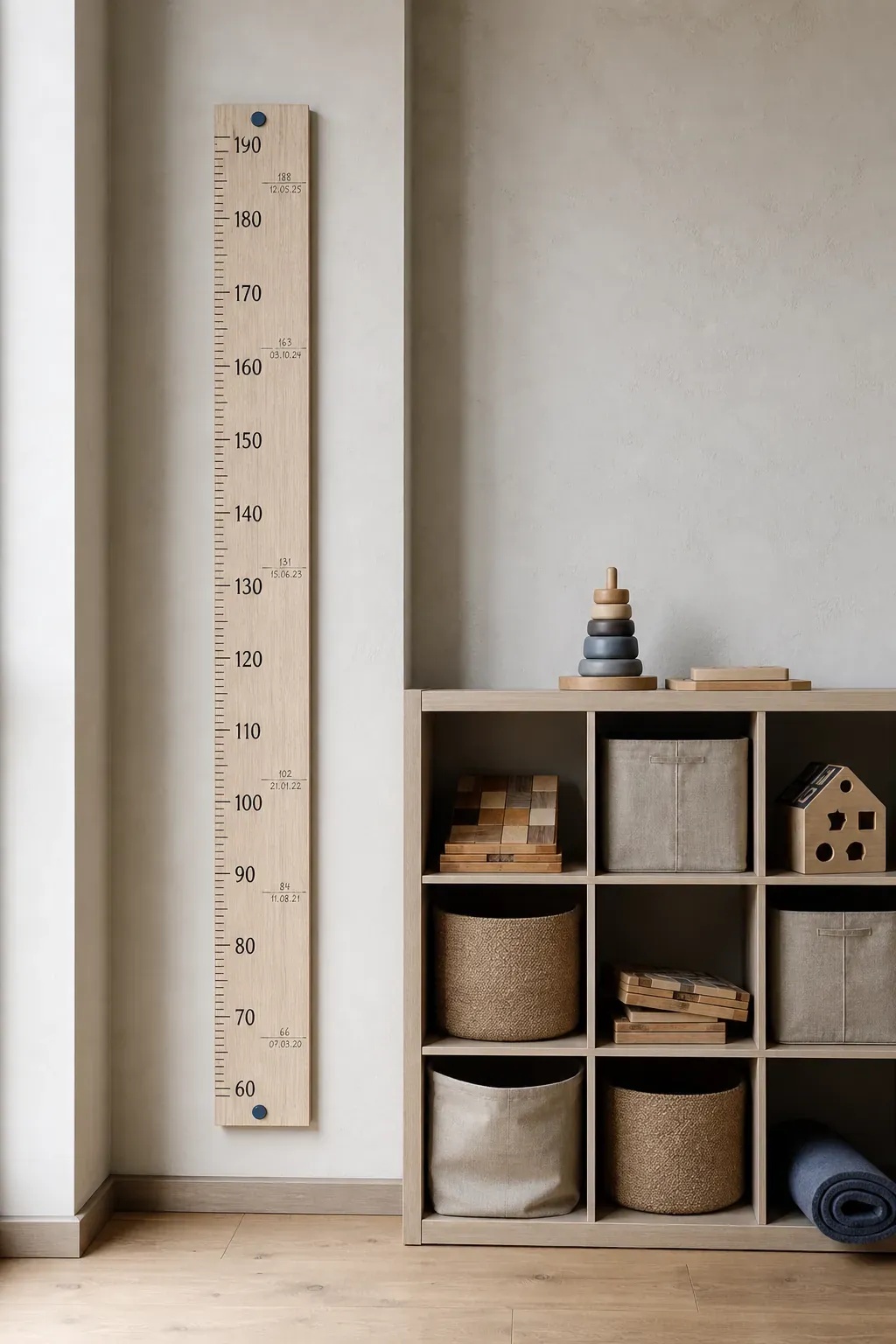 Minimal Scandinavian number growth chart in a calm neutral playroom