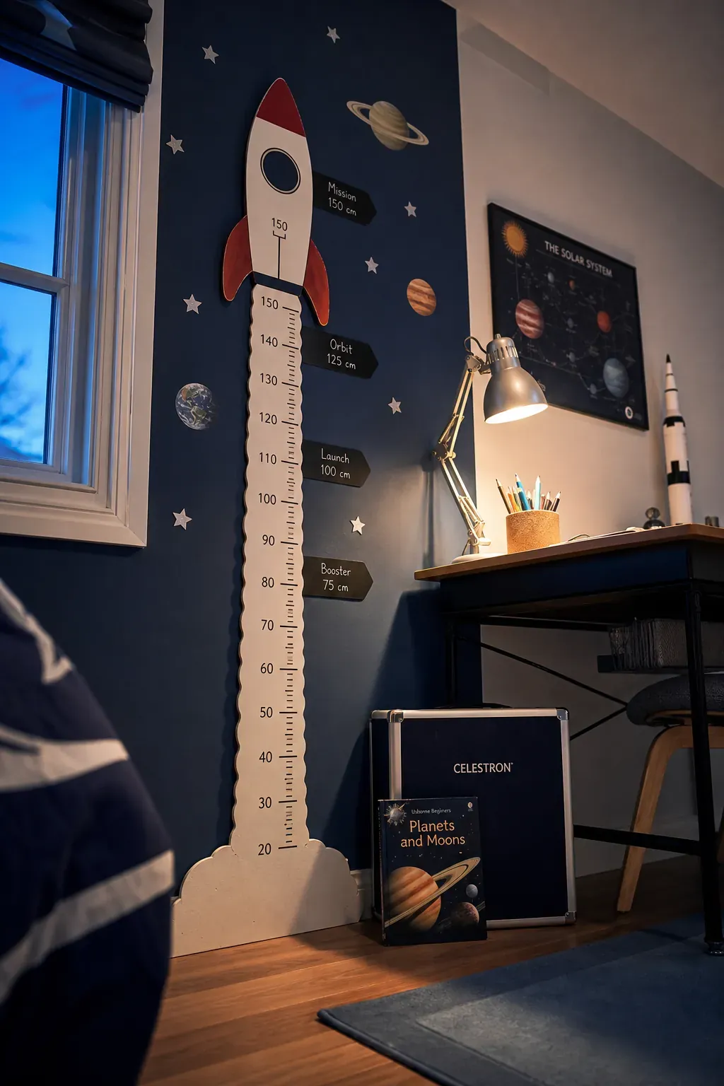 Space rocket countdown kids height chart in a navy bedroom corner