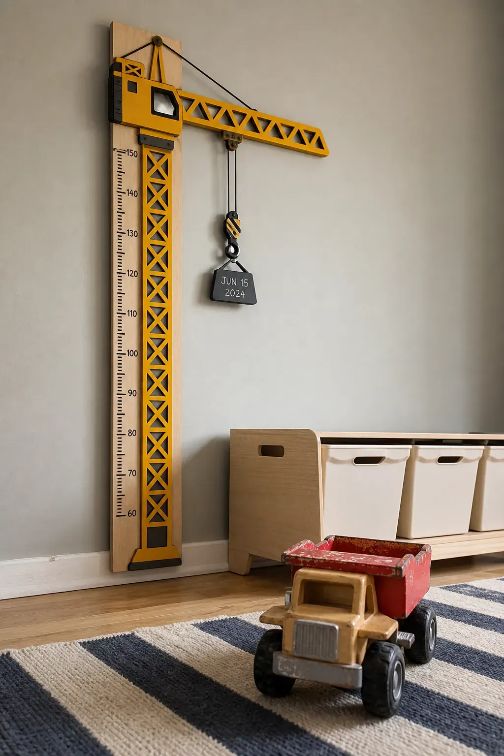 Construction crane growth chart in a practical toddler room