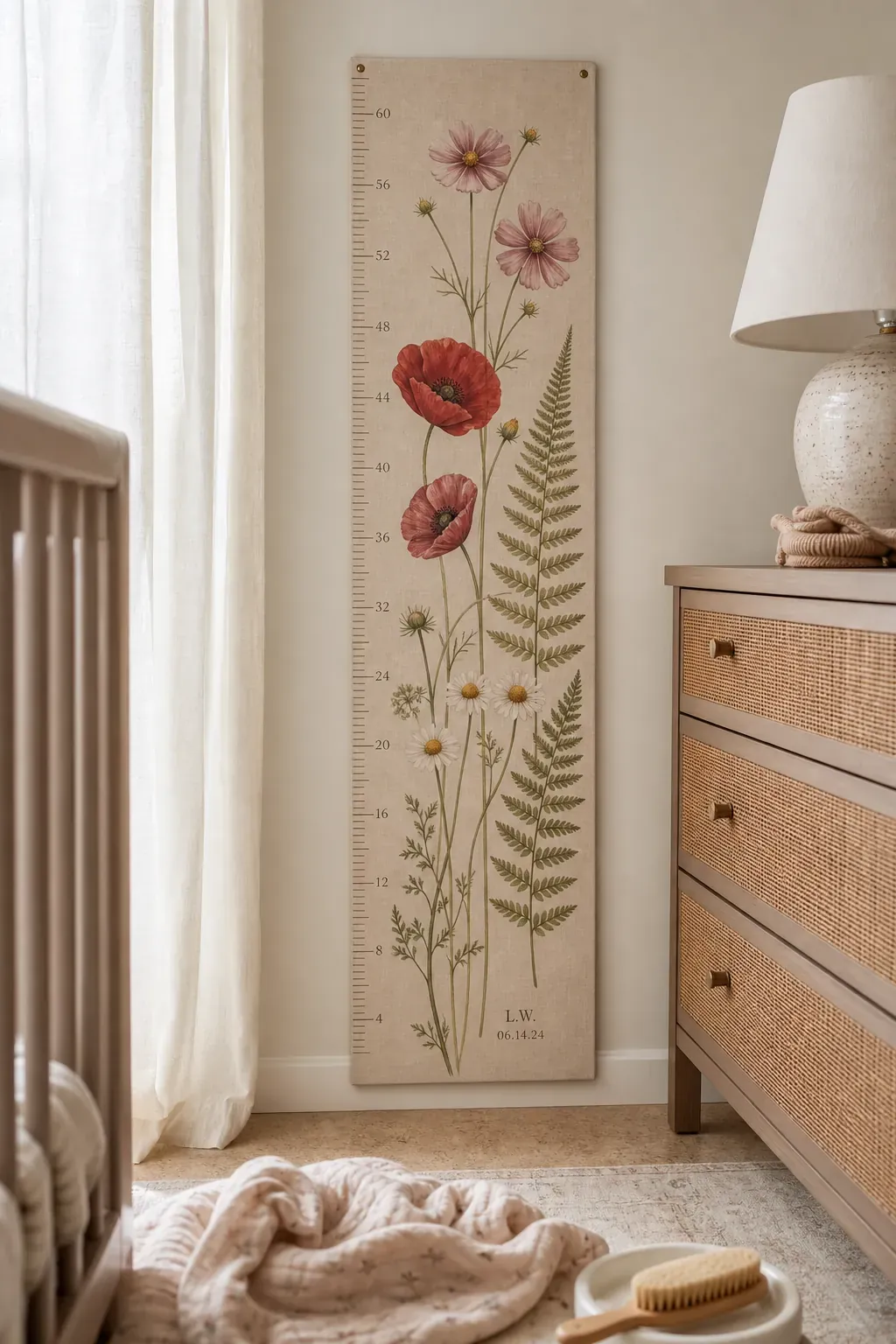 Wildflower garden personalized growth chart in a soft nursery