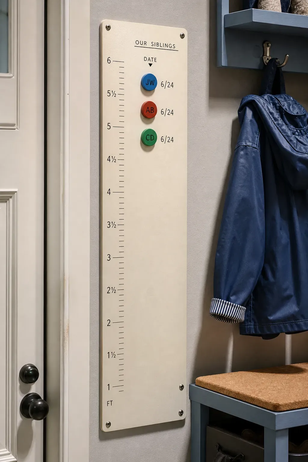Magnetic metal marker height board with dated family magnets
