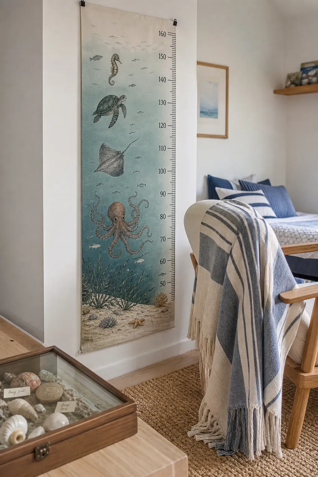 Ocean depth explorer growth chart with sea creatures in a kids room