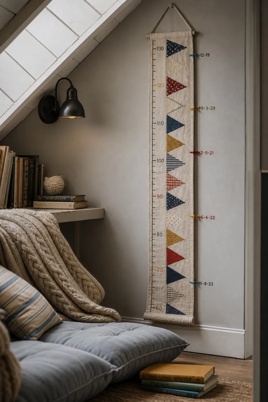 Handmade fabric pennant height banner in a cozy reading nook