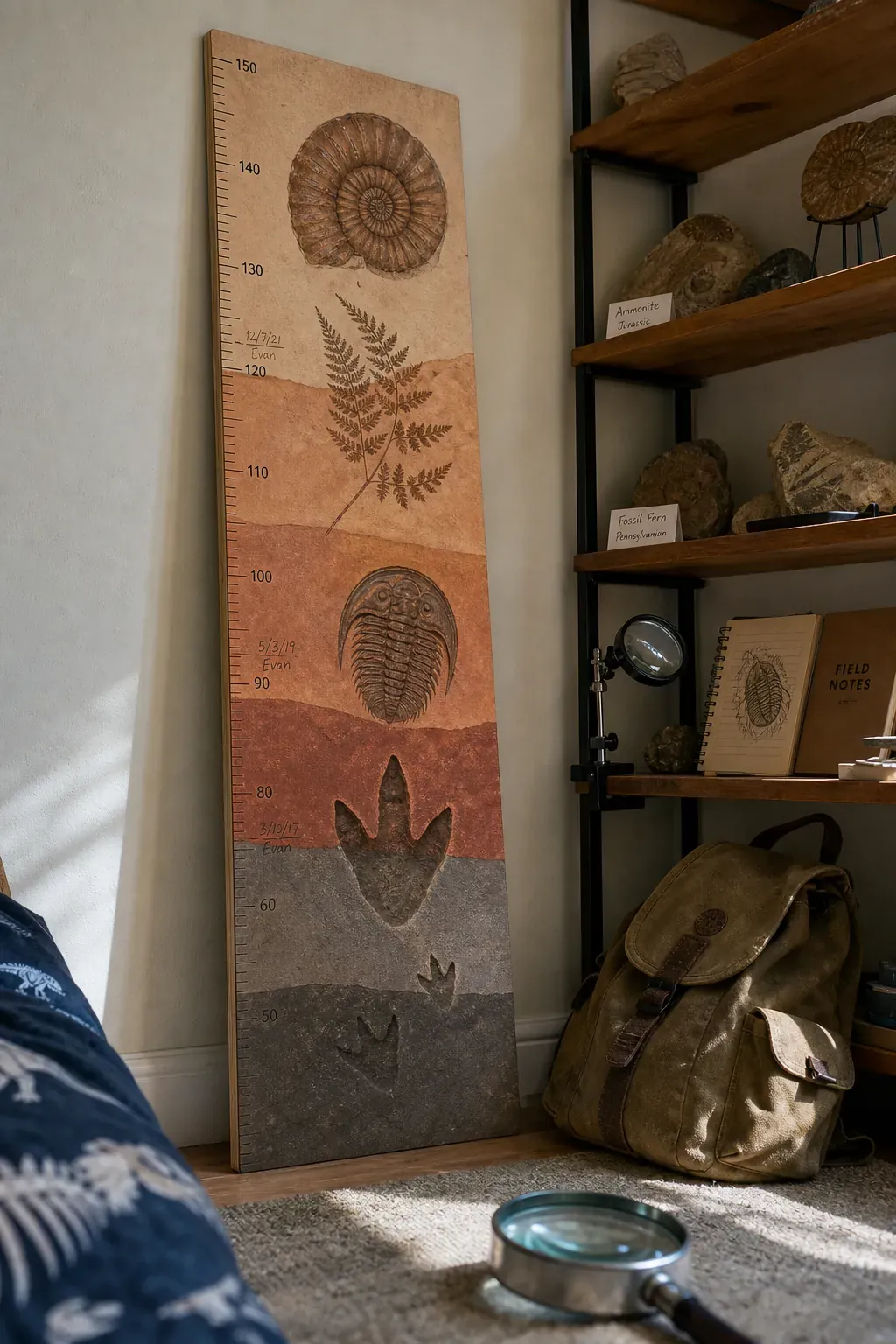 Dinosaur fossil timeline growth chart in an earthy kids bedroom