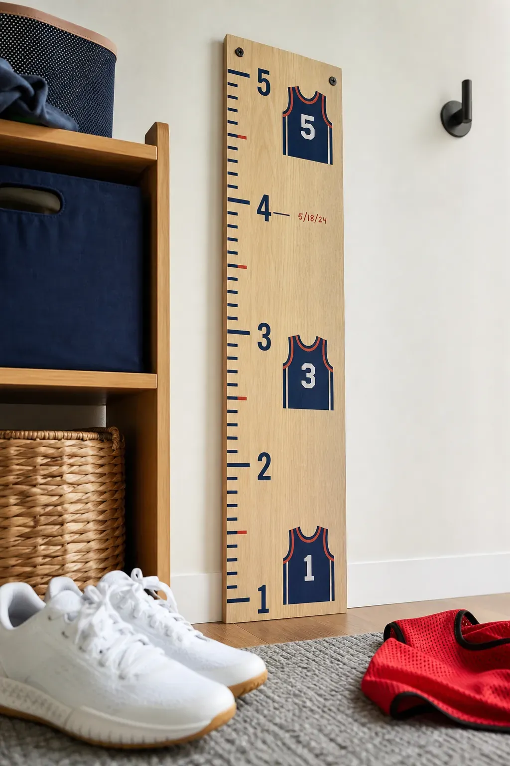 Sports jersey number line growth chart beside organized equipment storage