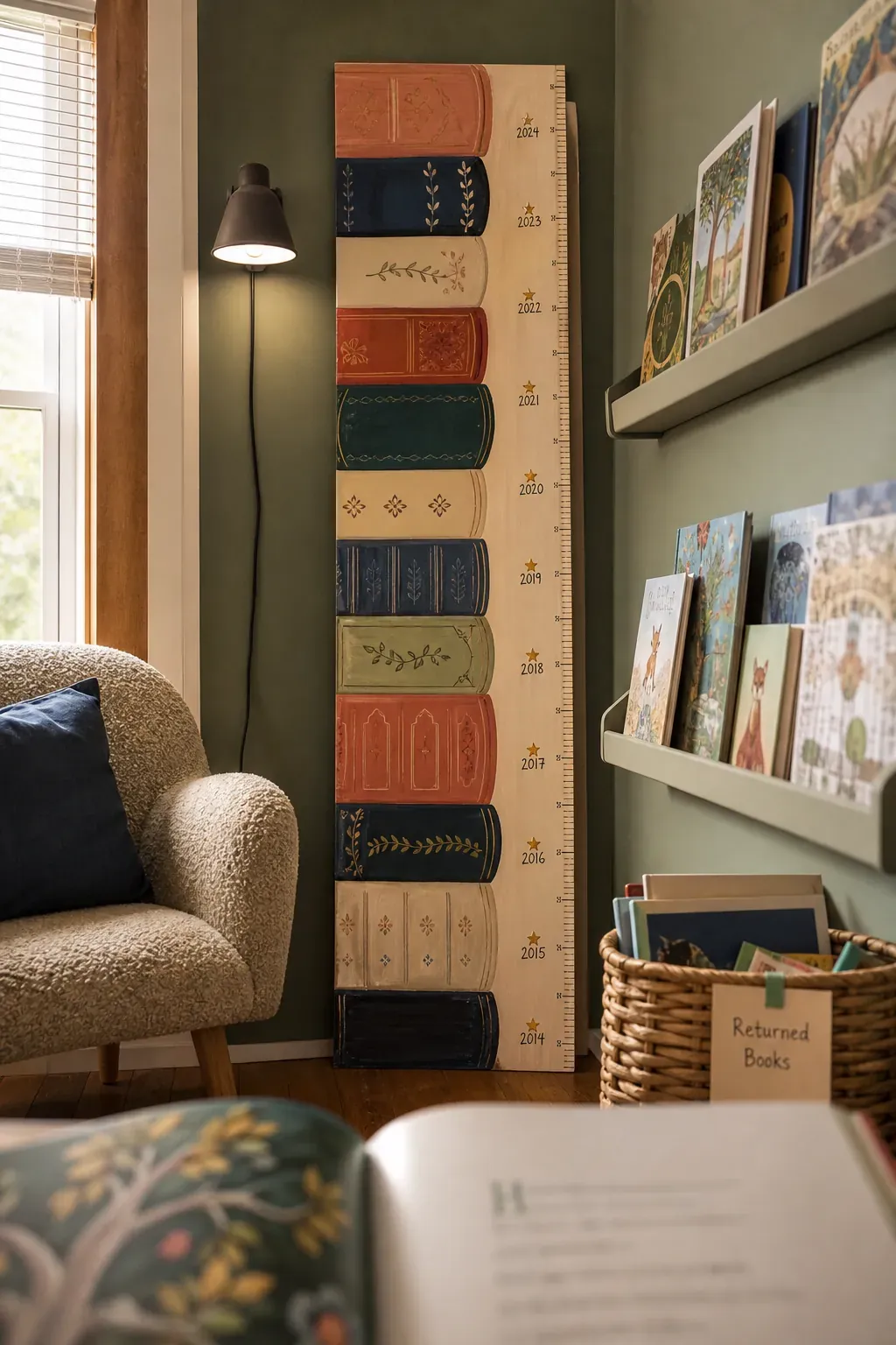 Book-spine reading tower growth chart near forward-facing kids books