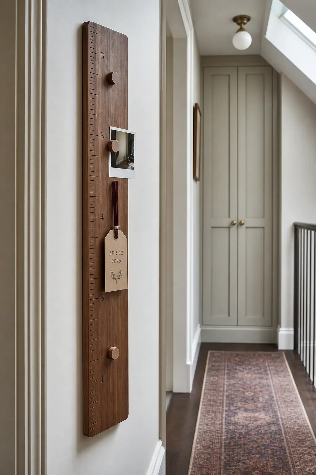 Peg-rail milestone growth chart displaying dated tags and a small photo
