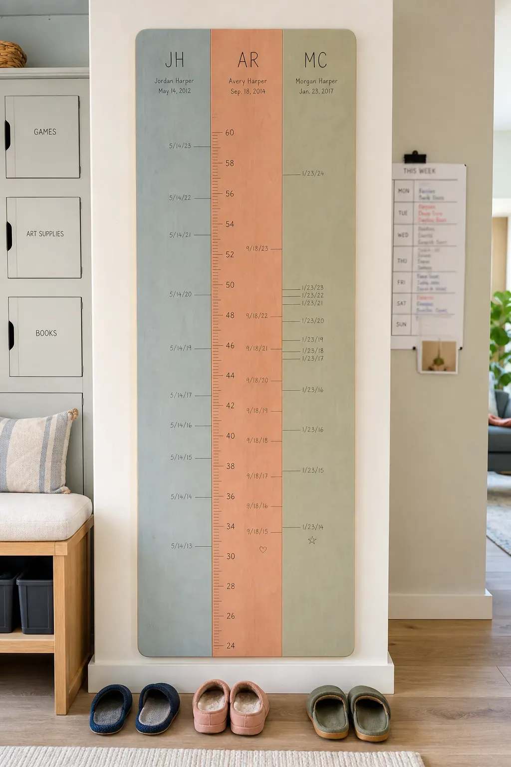 Shared sibling growth chart with distinct color lanes and dated marks