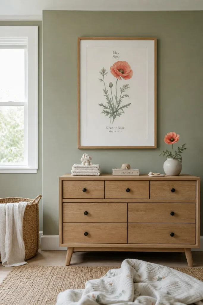 Birth month flower nursery decor with personalized botanical art
