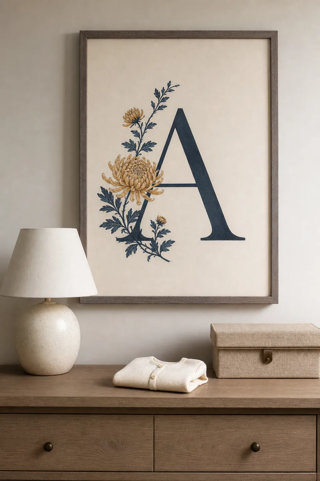 Birth flower monogram wreath above a nursery dresser