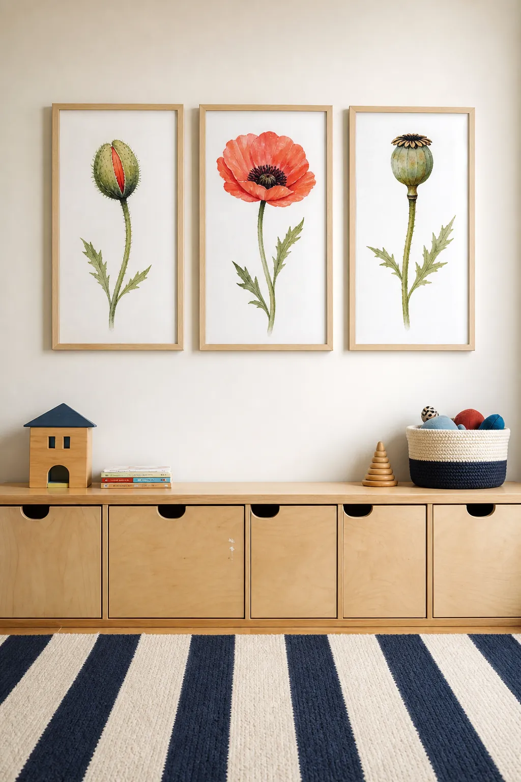Watercolor birth flower triptych in a colorful nursery