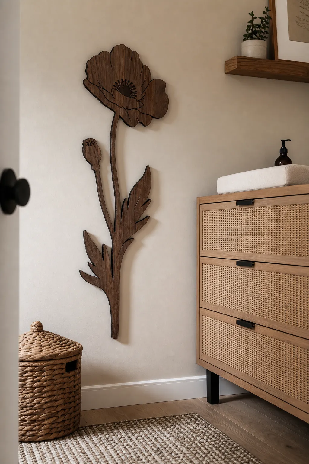Laser-cut wooden birth flower silhouette in a neutral nursery