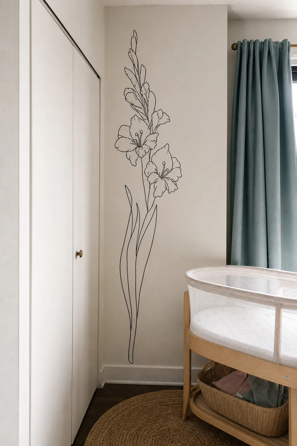Removable birth flower line art decal in a small nursery
