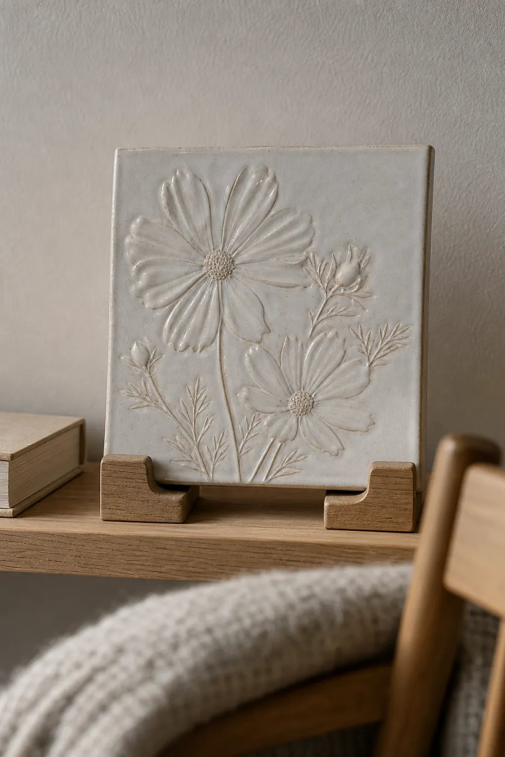 Hand-built clay birth flower relief on a nursery shelf