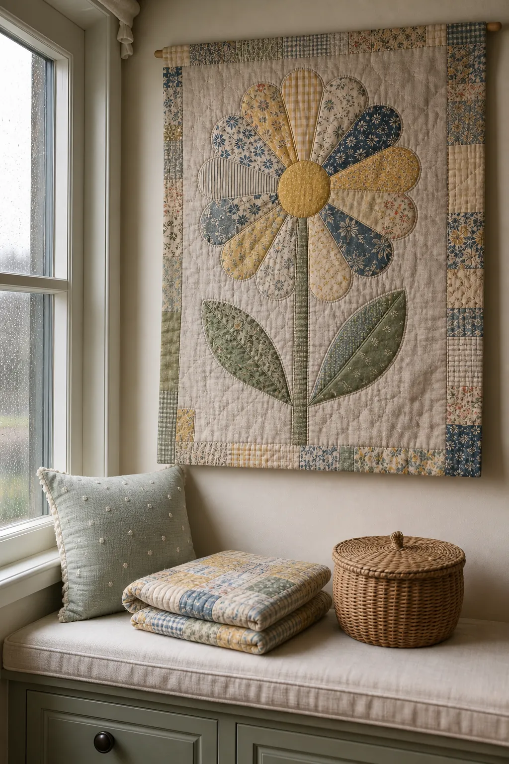 Quilted birth flower wall hanging in a cozy nursery
