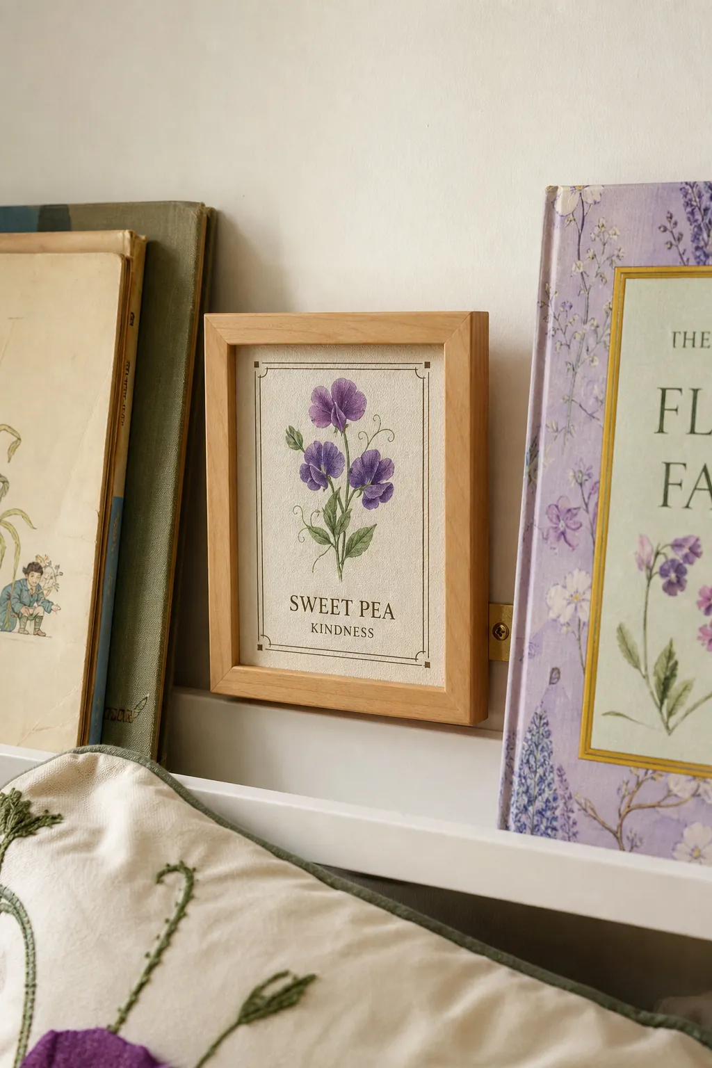 Birth flower and meaning bookplate beside nursery books