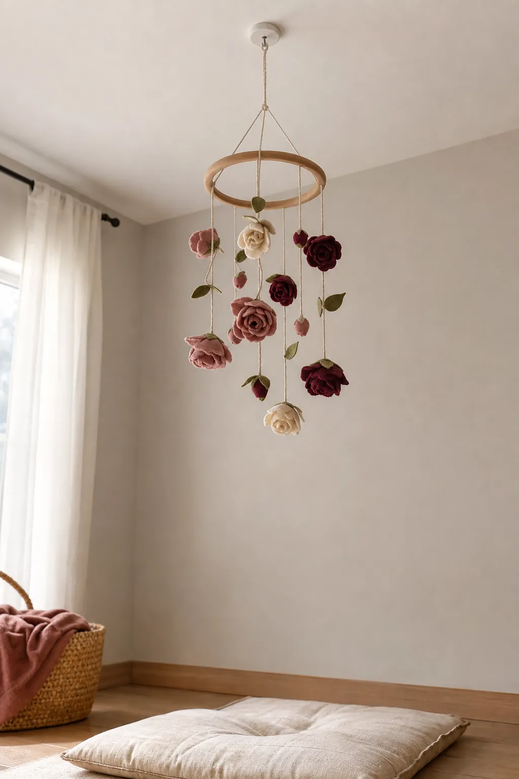 Felt birth flower mobile safely displayed in a nursery corner