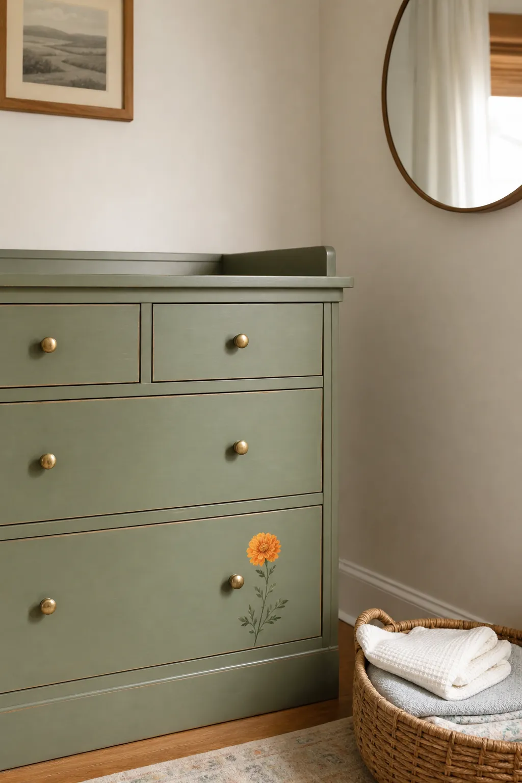 Hand-painted birth flower detail on a nursery dresser