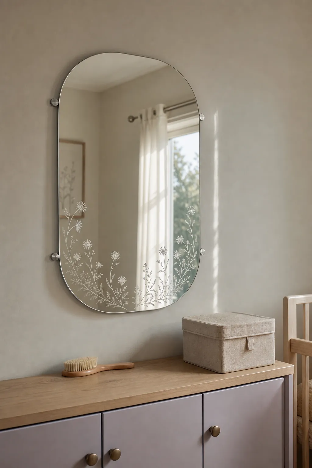 Birth flower etched mirror in a nursery dressing corner