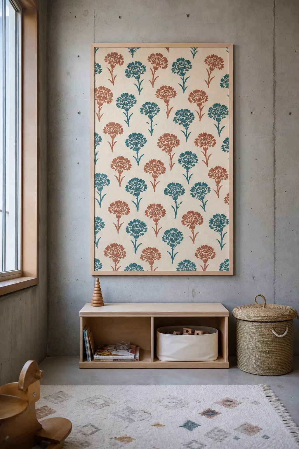 Block-print birth flower wallpaper panel in a gender-neutral nursery