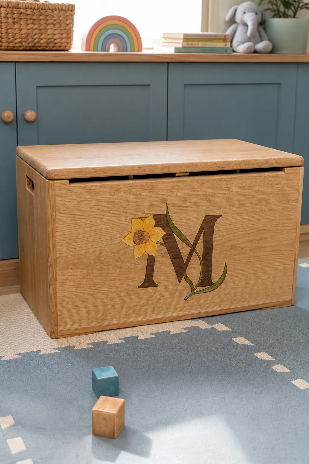 Birth flower initial inlay on a nursery toy chest