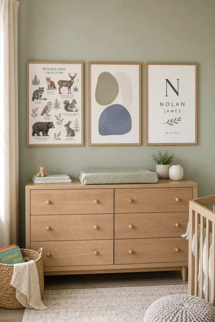 Nursery printable art ideas displayed in a bright baby room