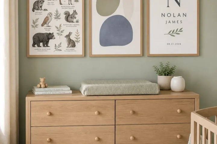 Nursery printable art ideas displayed in a bright baby room