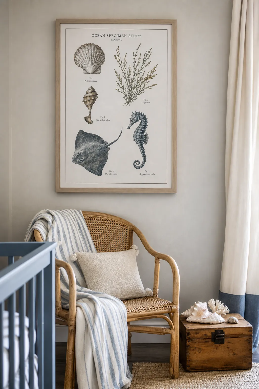Ocean specimen baby room print with shells and sea life