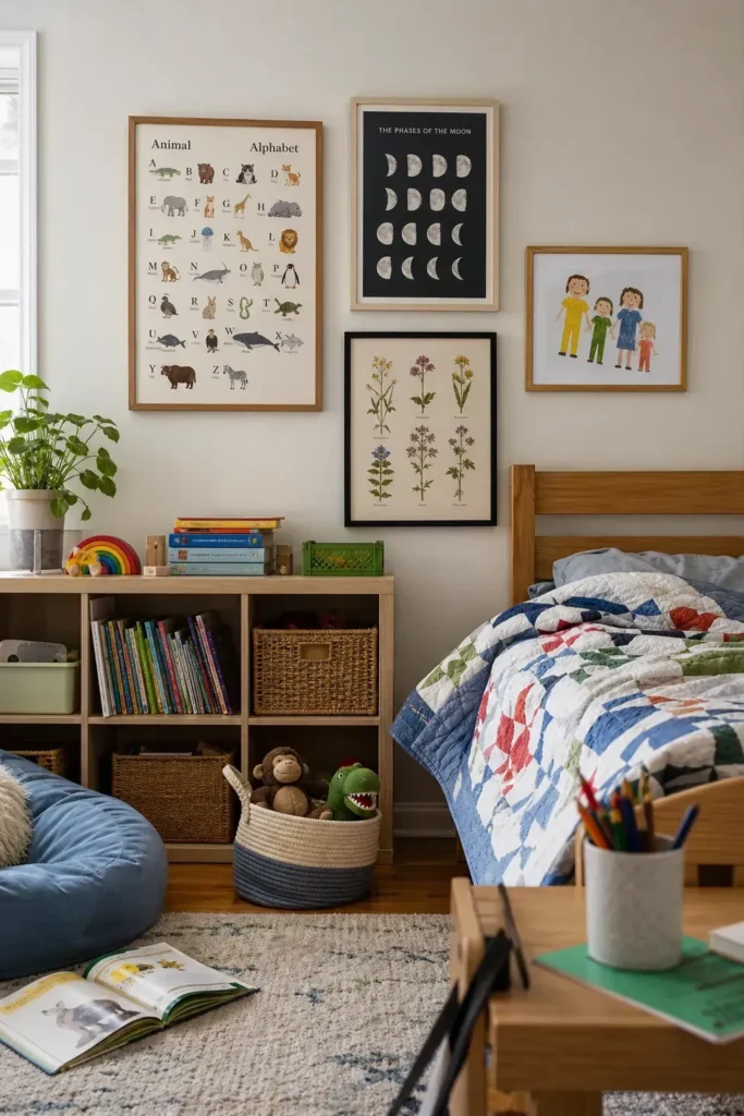 Colorful kids room with a varied collection of printable wall art ideas