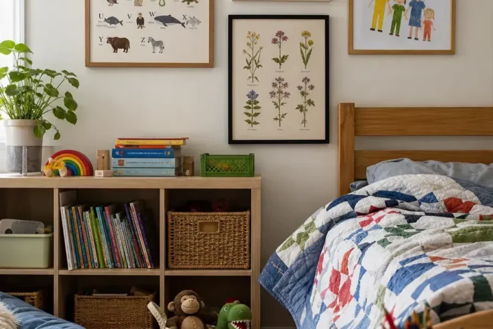 Colorful kids room with a varied collection of printable wall art ideas