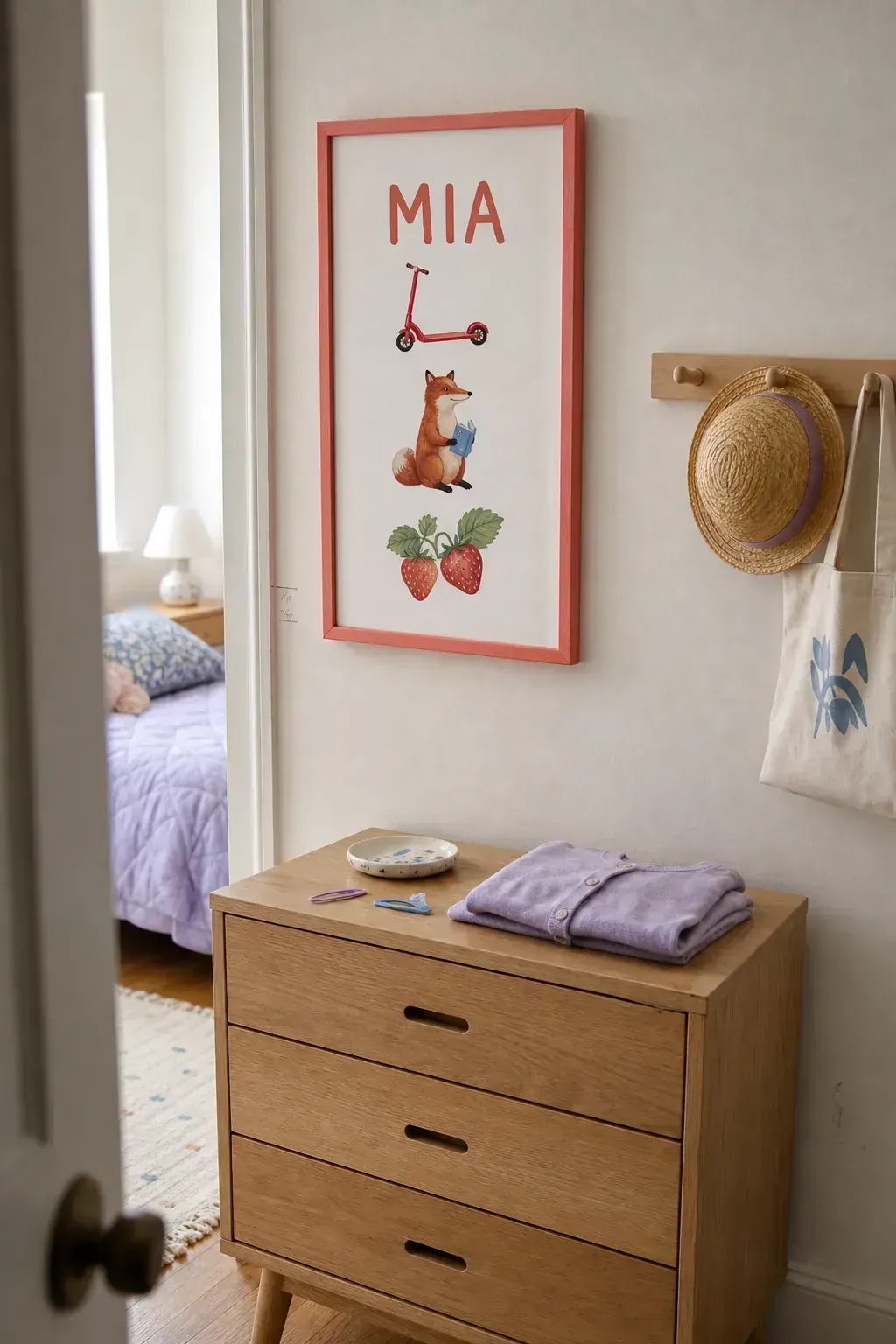 Personalized kids room printable featuring a child's name and favorite objects