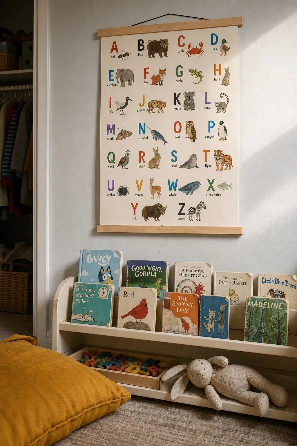 Colorful animal alphabet printable art above a low kids bookcase