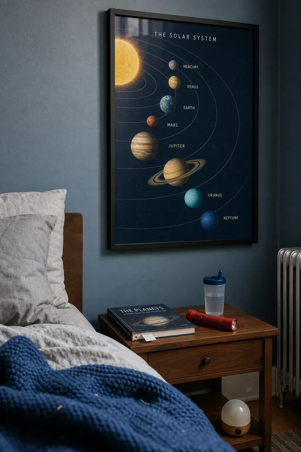 Solar system printable wall art in a cozy kids bedroom