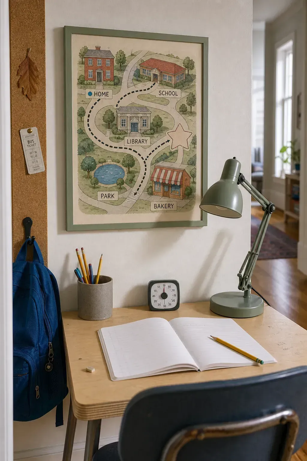 Illustrated neighborhood map printable displayed near a child's desk