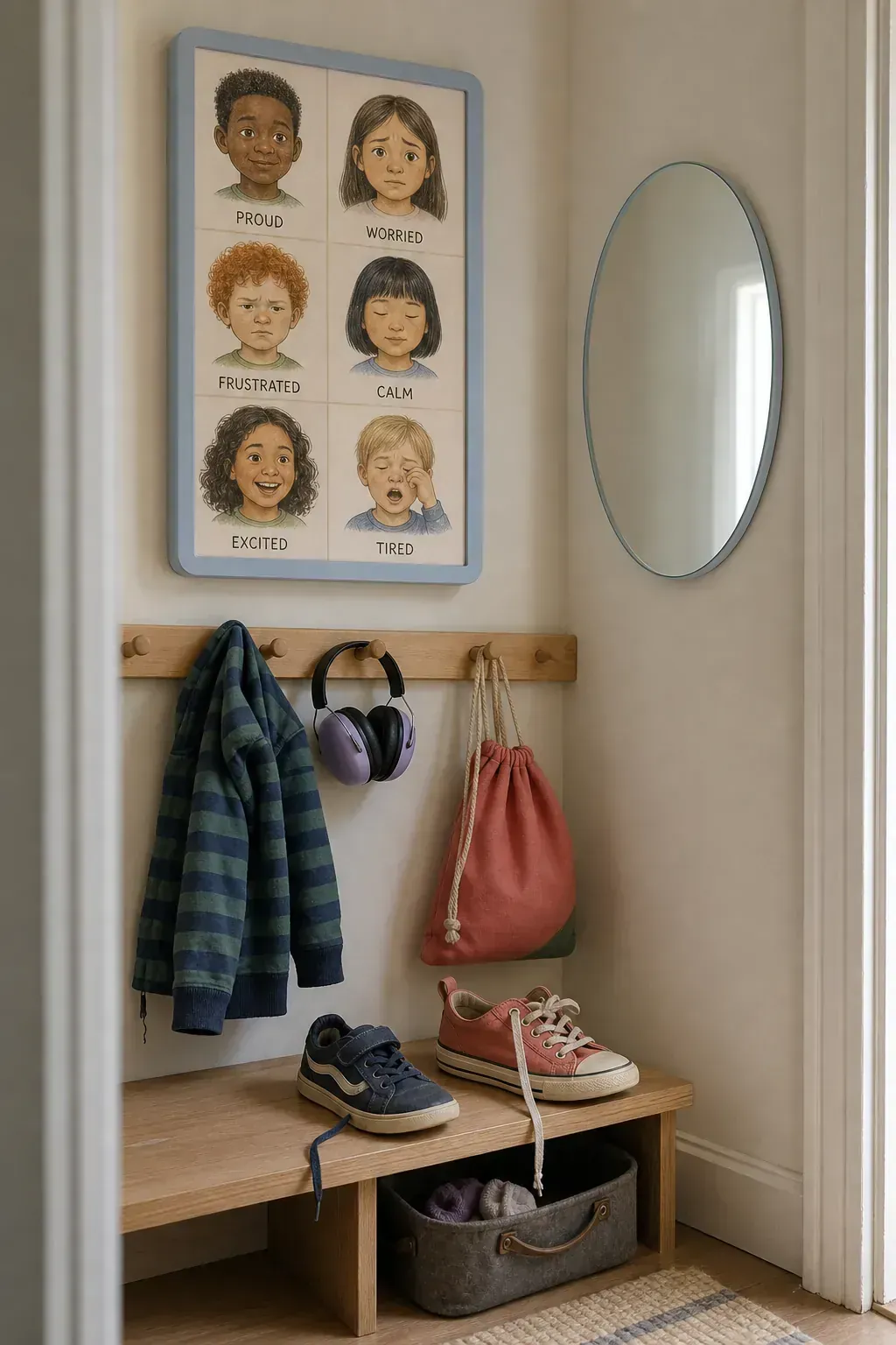 Inclusive emotions faces printable in a child's getting-ready area