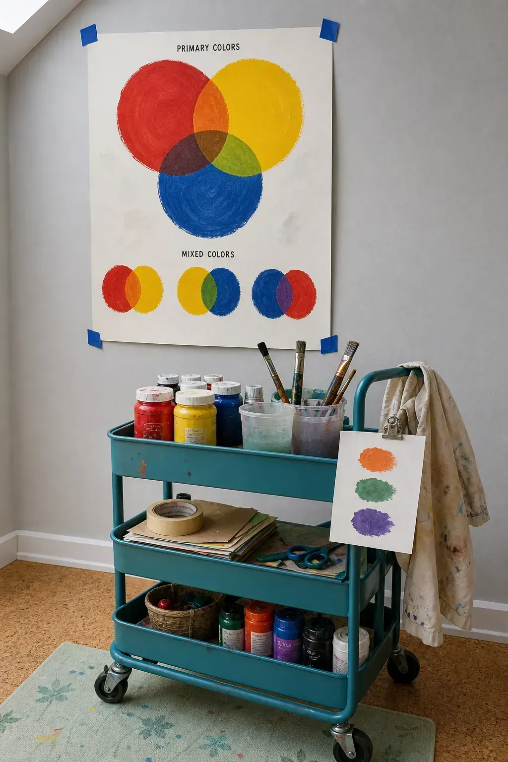 Color mixing wheel printable above an organized kids art cart