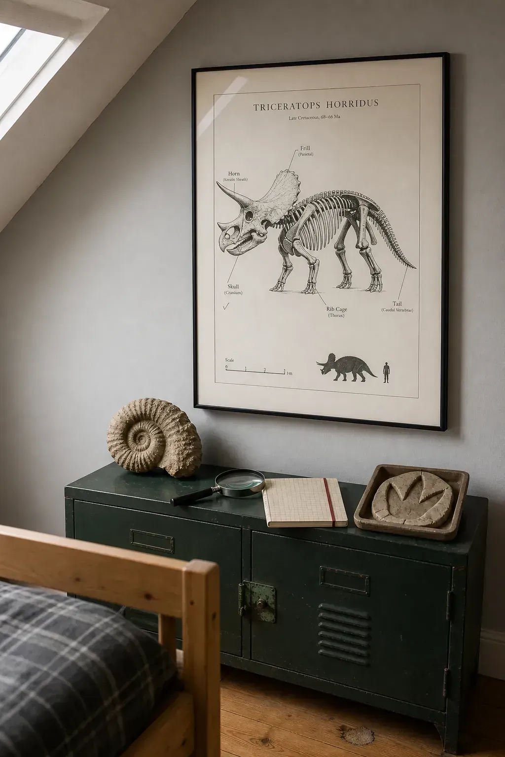 Dinosaur museum style printable poster in an older child's bedroom