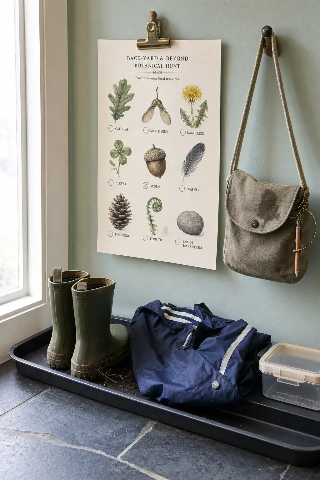 Local botanical treasure hunt printable in a nature-loving child's room